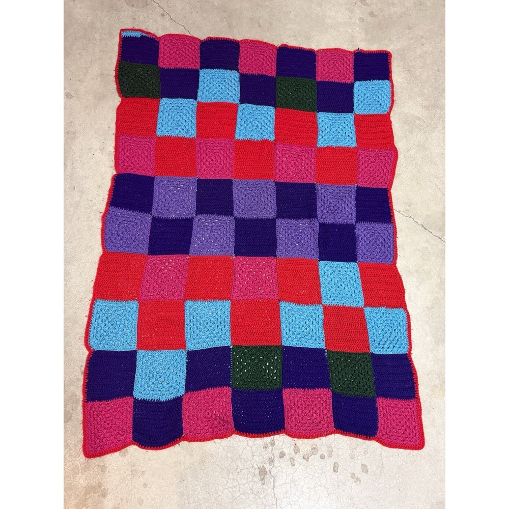 Vintage Handmade Crochet Afghan Blanket Multicolor Granny Squares 66x50